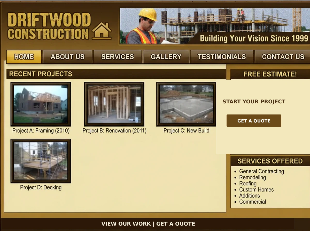 Driftwood Construction website before the redesign