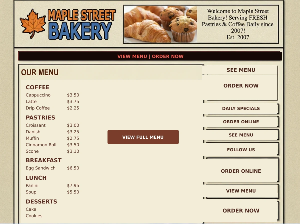 Maple Street Bakery website before the redesign